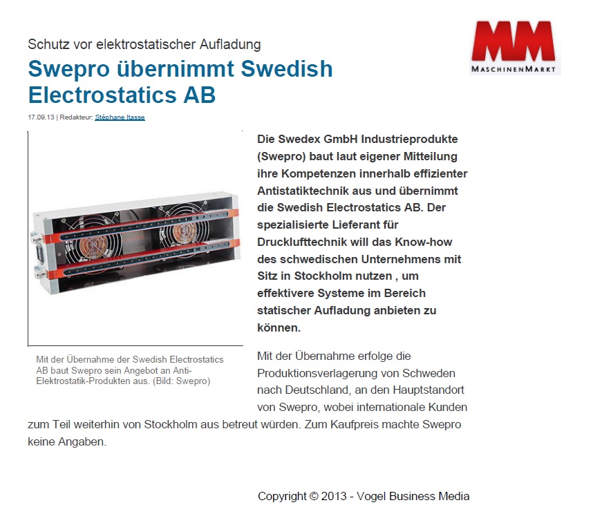 Ausbau der Produktbereichs Elektrostatik